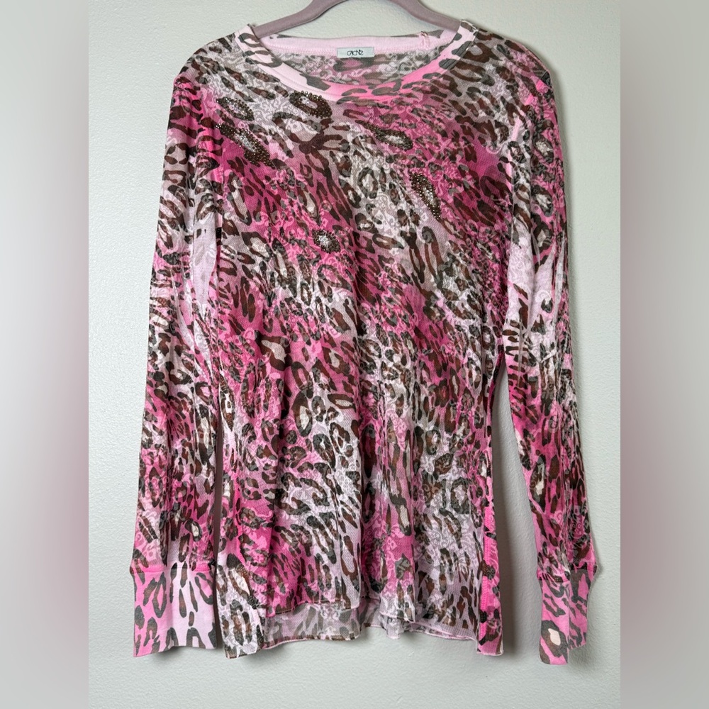 Cache Pink and Brown Leopard Print Long Sleeve Tee